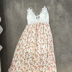 White Floral Asymmetrical Maxi Dress with Lace Bodice